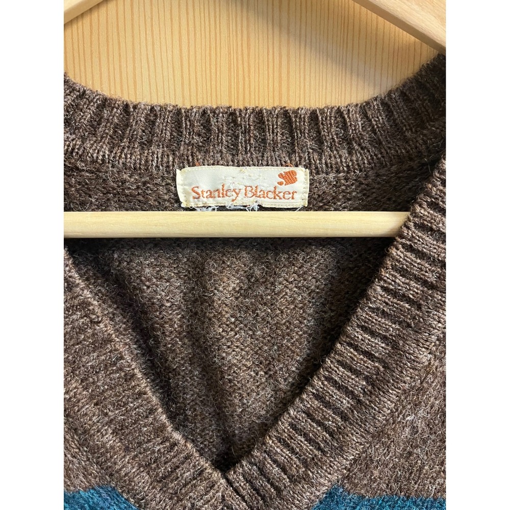 Stanley Blacker Sweater Vest Mens XL Brown Teal Grey Colorblock V-Neck Wool Feel - Picture 3 of 7